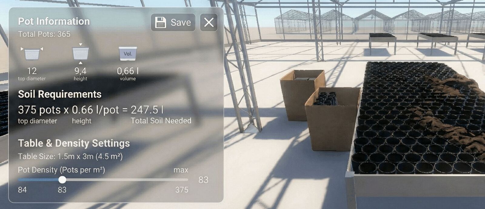 Dichte‑ & Flächenbelegung im Gewächshaus